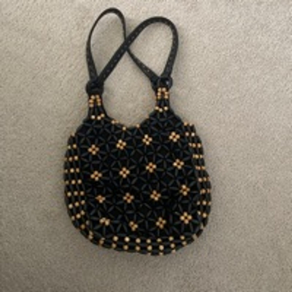 Boho Women's Nine West Beaded Handbag Small Black Beige Y2K -2000 - Picture 2 of 5